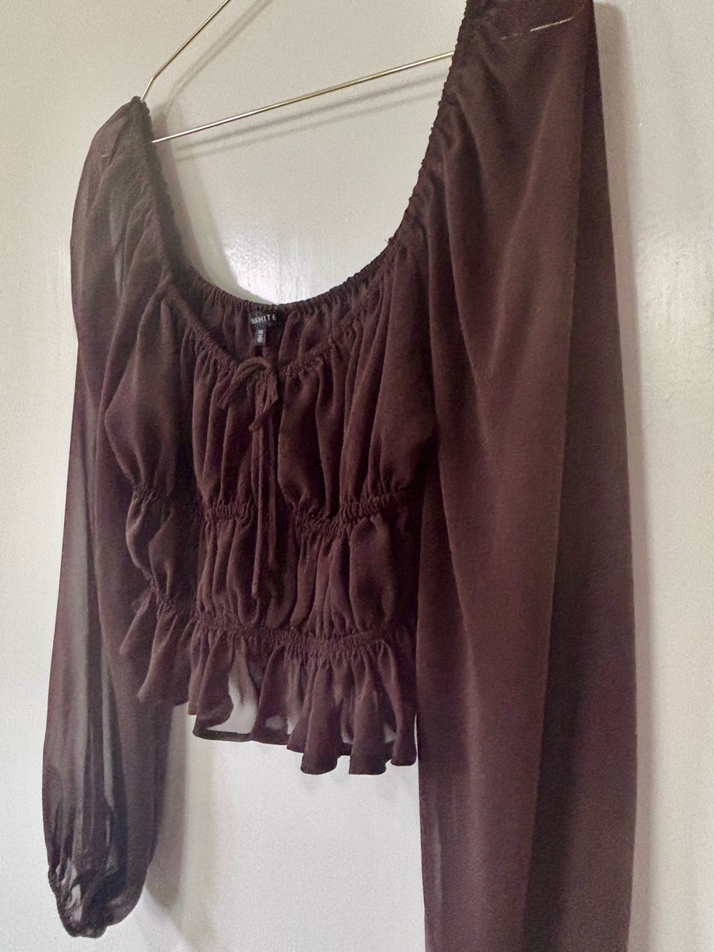 Dynamite| Feminine Brown Smocked Sheer Crop Peasant Blouse Sz S - Picture 4 of 7